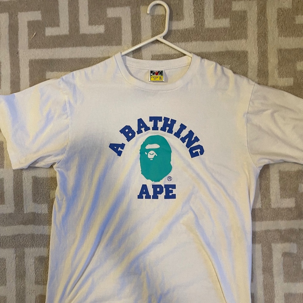 Bape Blue Solid Logo College Tee 'White' - image 2